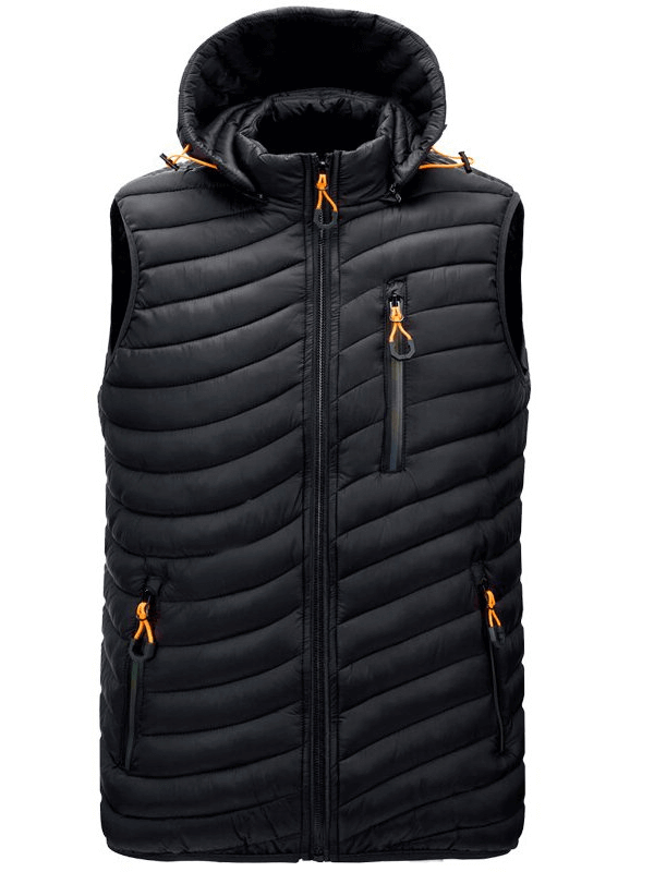 Stylish men's sports vest with hood, zippered pockets, and nylon fabric. Perfect for outdoor activities in autumn and winter. Model SF1516.